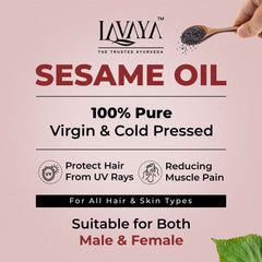 An advertisement image featuring a bottle of Lavaya Sesame Oil with text highlighting its purity, cold pressing, and benefits for hair and skin.