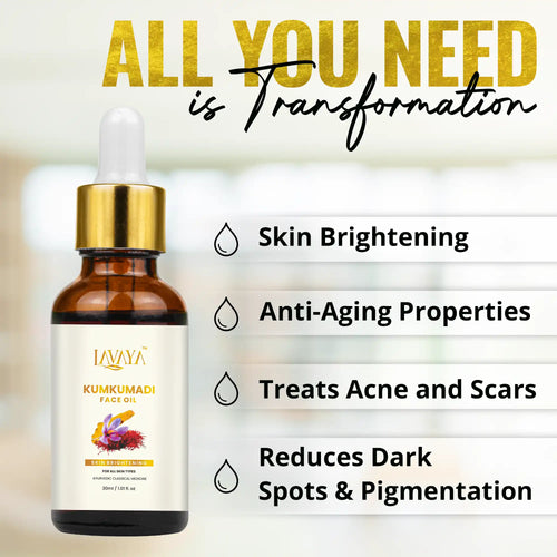 Lavaya Kumkumadi Face Oil bottle with key benefits.
