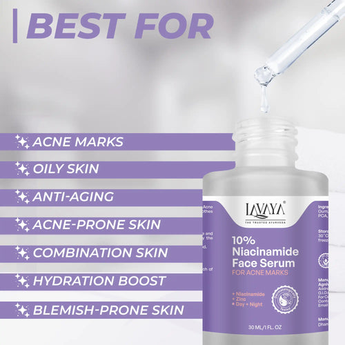 Lavaya 10% Niacinamide Face Serum bottle with text highlighting its benefits on a light gray background.