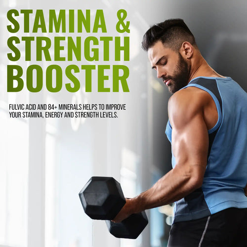 Man lifting a dumbbell with text about stamina and strength booster