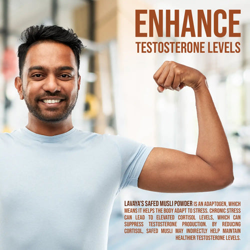 Man flexing his arm with text about enhancing testo levels and Lavaya's Safed Musli Powder.