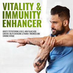 Man with tattoos on his arm holding his shoulder, with text about vitality and immunity enhancer.