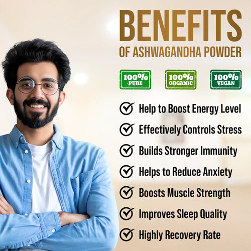 Man with crossed arms next to benefits of Ashwagandha powder text on a beige background