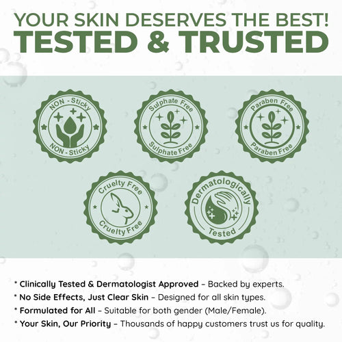 Certification with green badges indicating product features on a light green background.