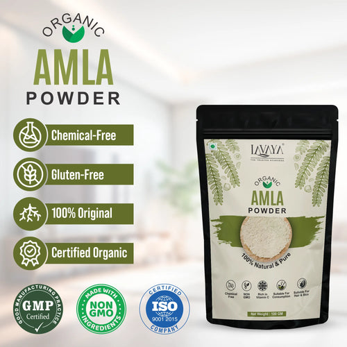 Lavaya Organic Amla Powder packaging with certification logos on a light background