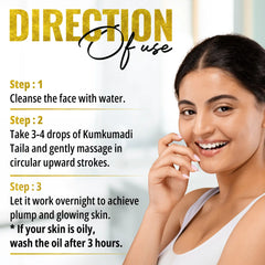 Directions for using Kumkumadi oil with steps for cleansing, massaging with oil, and overnight application, shown with a smiling woman.