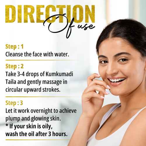 Directions for using Kumkumadi oil with steps for cleansing, massaging with oil, and overnight application, shown with a smiling woman.