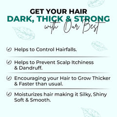 Promotional text about hair care product benefits on a white background with green accents.