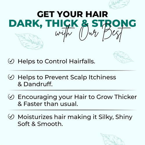 Promotional text about hair care product benefits on a white background with green accents.