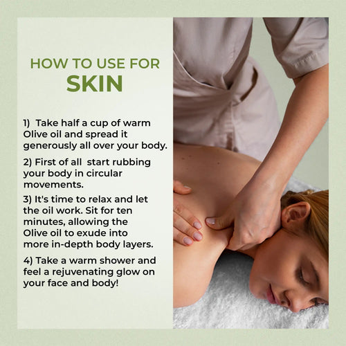 Person receiving a massage with text on how to use olive oil for skin care.