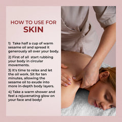 Person receiving a massage with text on how to use warm sesame oil for skin care.