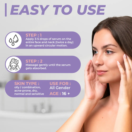 Woman applying serum with usage instructions on a light background