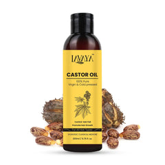 Lavaya Castor Oil bottle with yellow label and castor seeds on a white background