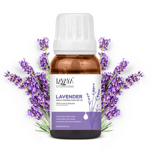 Lavaya Lavender essential oil bottle with lavender flowers on a white background