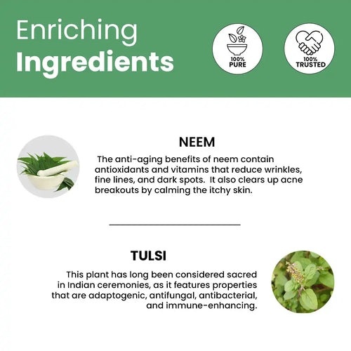 Product packaging with neem and tulsi ingredients and their benefits on a green background.