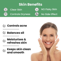 Woman with clear skin and text listing skin benefits on a green background