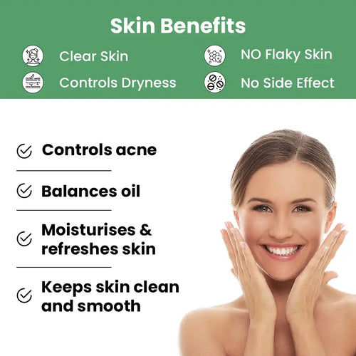 Woman with clear skin and text listing skin benefits on a green background