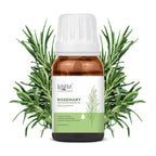 Bottle of Lavaya Rosemary essential oil with rosemary leaves on a white background