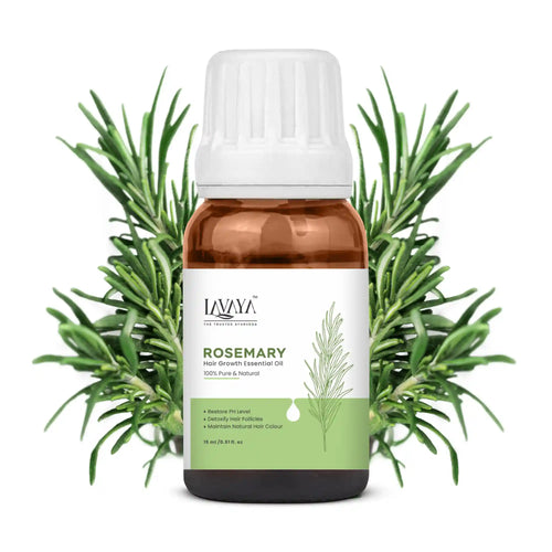 Bottle of Lavaya Rosemary essential oil with rosemary leaves on a white background