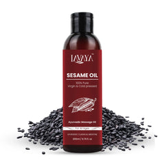 Lavaya Sesame Oil bottle with sesame seeds on a white background