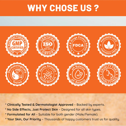 Orange background with white certification logos and text about product features and benefits.