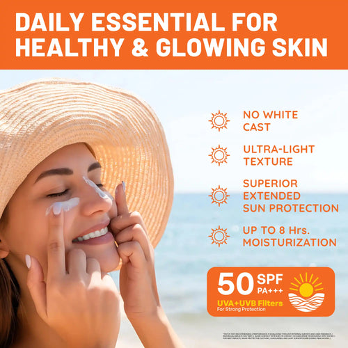 Woman applying sunscreen with beach background and product features listed.