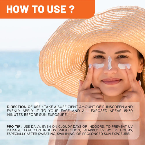 Woman applying sunscreen with text on how to use it, set against a beach background.