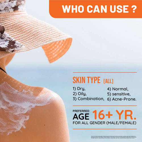 Product advertisement with skin type and age suitability information on a blue background