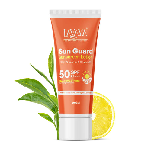Lavaya Sun Guard Sunscreen Lotion tube with green leaves and lemon slice on a white background