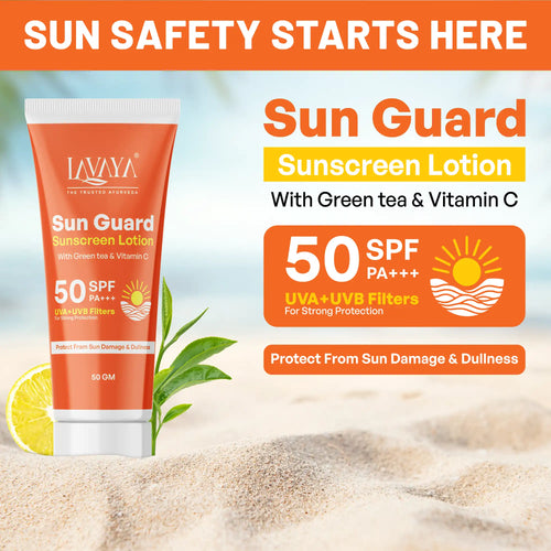 Lavaya Sun Guard Sunscreen Lotion with SPF 50 on a beach background