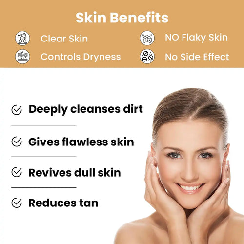 Woman with clear skin and text listing skin benefits on a beige background