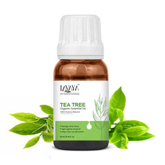 Bottle of Lavaya Tea Tree Organic Essential Oil with green leaves on a white background