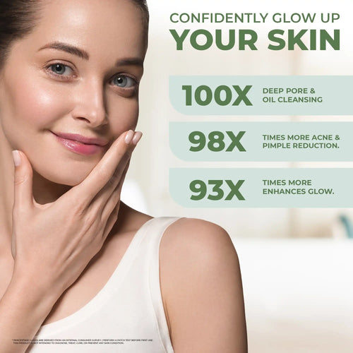 Advertisement for skincare product showing a woman with glowing skin and text about product benefits.