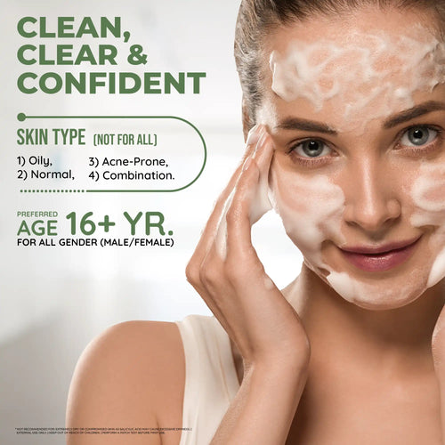 Woman applying a facewash with text about skin type and age suitability on a light background