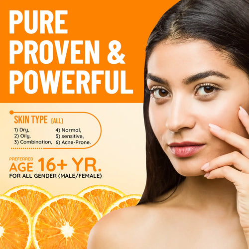 Woman with clean skin next to oranges with text about product features and age suitability.