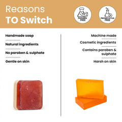 Comparison chart of Lavaya Super Natural Soap vs machine-made soap with visual examples on a beige background.