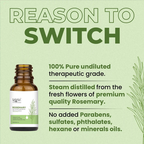 Rosemary essential oil bottle with product details on a green background