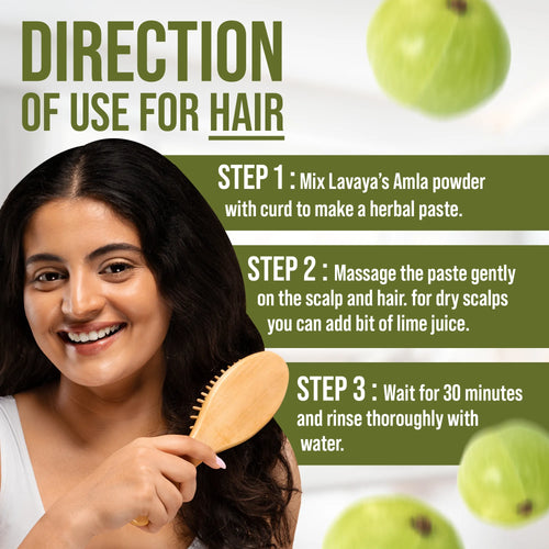 Hair care product instruction card with a woman using a brush, green fruits, and text on a white background.