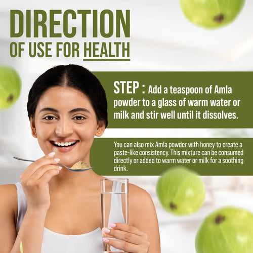 Woman holding a glass of water with Amla powder, surrounded by green fruits, with text on direction of use for health.