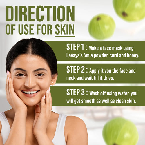 Instructions for using Lavaya's Amla powder, curd, and honey for skin care with a woman applying the mask.