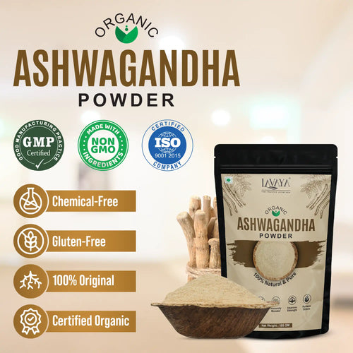 Lavaya Ashwagandha Powder packaging with certification logos on a beige background