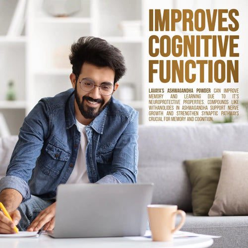Man using a laptop with text about Ashwagandha powder's benefits on cognitive function.