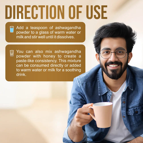 Man holding a mug with directions for using ashwagandha powder on a beige background