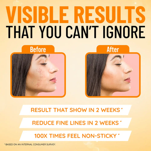 Before and after comparison of a woman's face with text about visible results and product features.