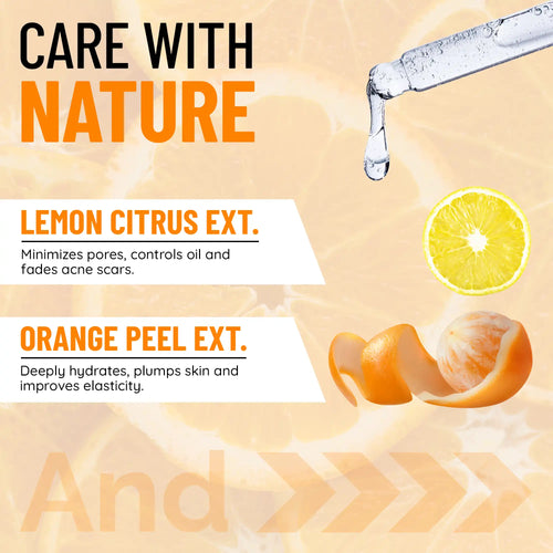 Product advertisement with lemon and orange extracts on a beige background, featuring text about their benefits.