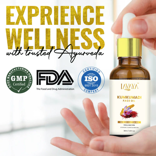 Lavaya Kumkumadi Face Oil bottle shown with GMP, FDA, and ISO certification logos, and the text experience wellness with trusted Ayurveda.