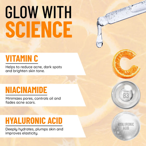 Lavaya Vitamin C face serum advertisement with vitamin C, niacinamide, and hyaluronic acid benefits on a beige background.