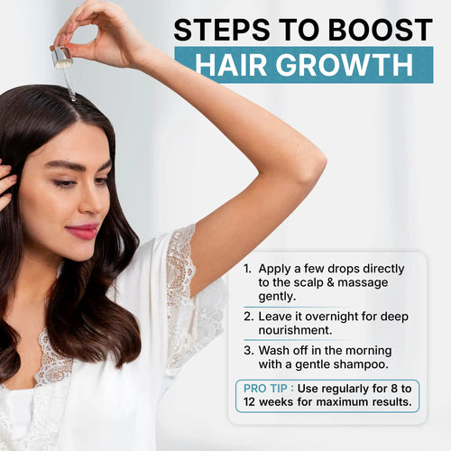 Woman applying lavaya advanced scalp serum with text on steps to boost hair growth.