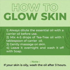 Instructions for using tea tree essential oil to achieve glowing skin, including dilution, application steps, and special note for oily skin