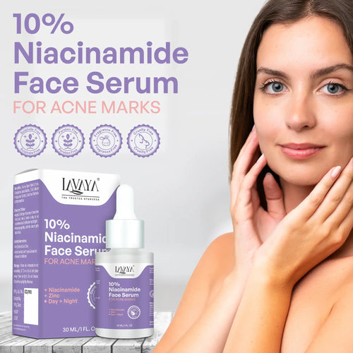 Lavaya 10% Niacinamide Face Serum with a woman touching her face, on a light gray background.